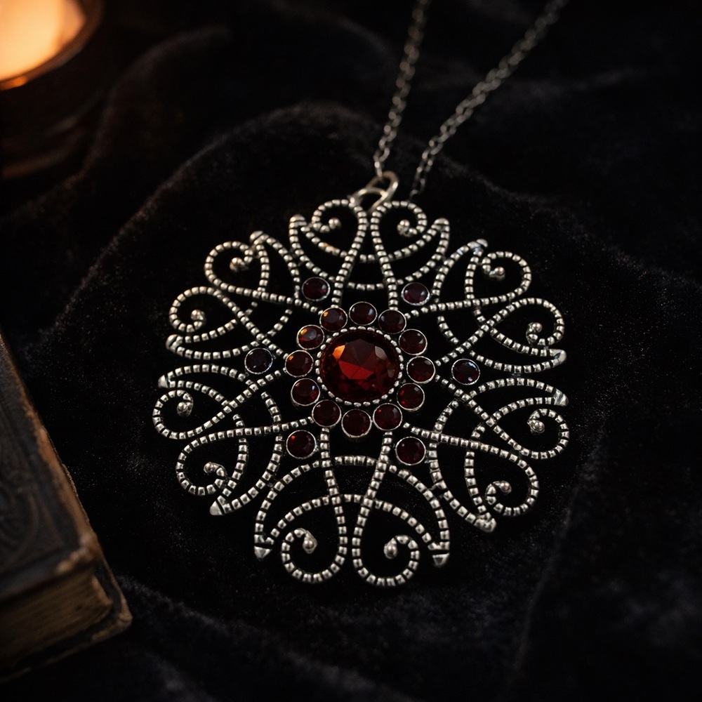Ornate Filigree Pendant with Dramatic Deep Amber Colored Rhinestone